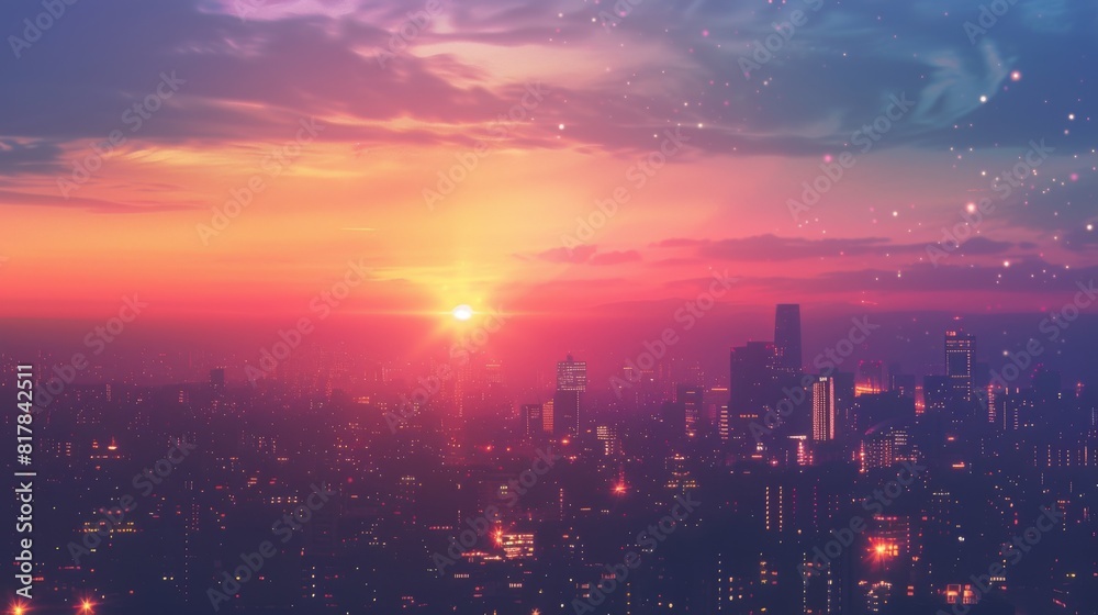 Fototapeta premium Colorful sunset over an urban skyline, with city lights twinkling as the sun sets behind the buildings in a vibrant display of colors.