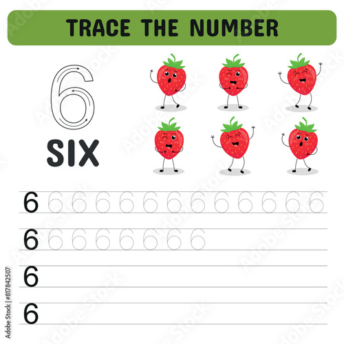 Card for learning number with sweet strawberries.  Tracing number worksheet for kindergarten, preschool for learning numbers and handwriting practice activities. Vector illustration