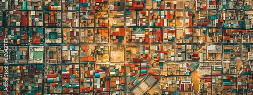Aerial view of city blocks creating an abstract pattern.