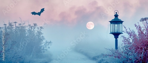 A lone lantern casting a dim light on a fogcovered path, with the silhouette of a bat flying under a full moon, ideal for Halloweenthemed designs with copy space photo