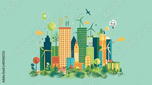 Sustainable living flat design side view ecofriendly cartoon drawing complementary color scheme