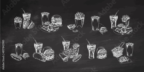 Burgers, potato french fries, drinks, set. Hand-drawn sketches of street food, takeaway food, fast food, junk food and drinks. Retro vector illustrations collection isolated on chalkboard background.