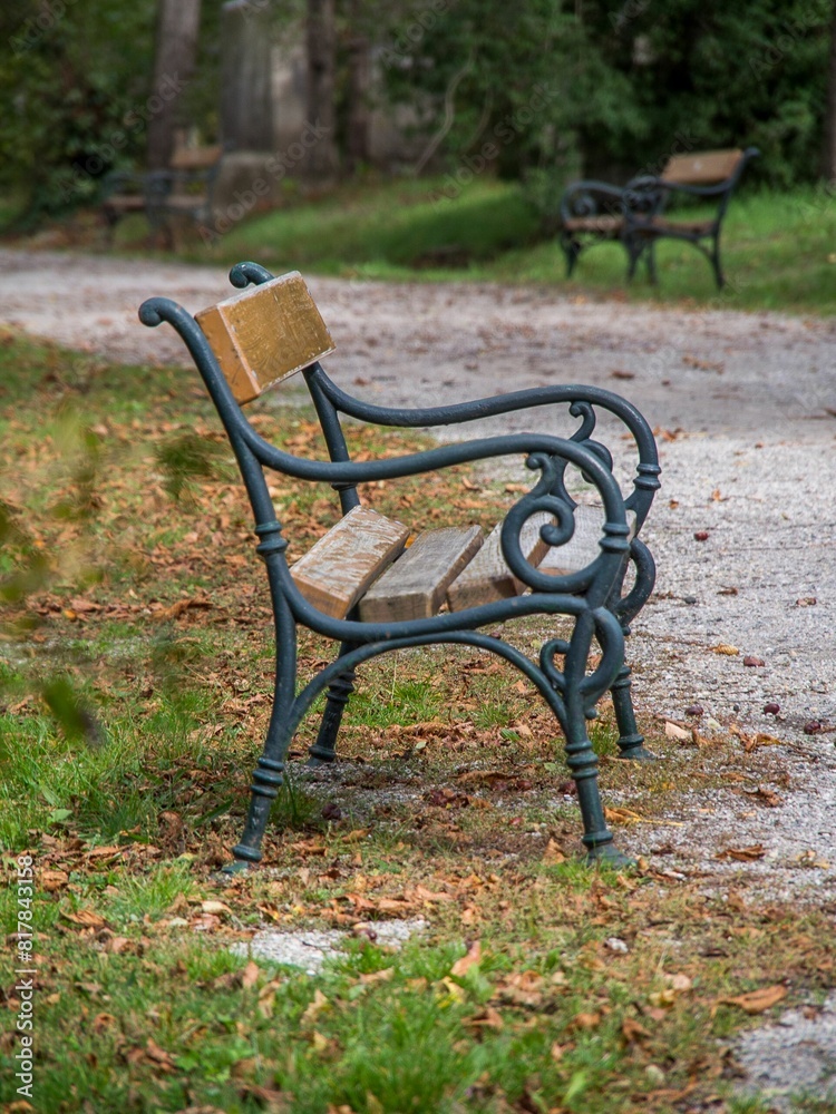 Wooden bench situated in the middle of a grassy field. Wooden bench situated in the middle of a grassy field.