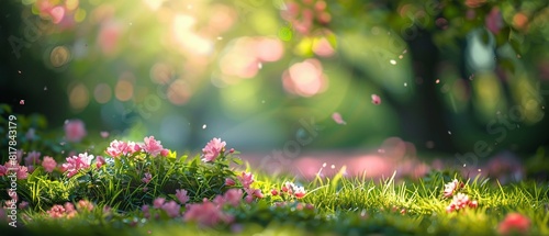 A peaceful springtime panorama with blurred edges  featuring a lush garden in full bloom  accentuated by soft bokeh lights  captured in a serene impressionist style 8K   high-resolution  ultra HD up32