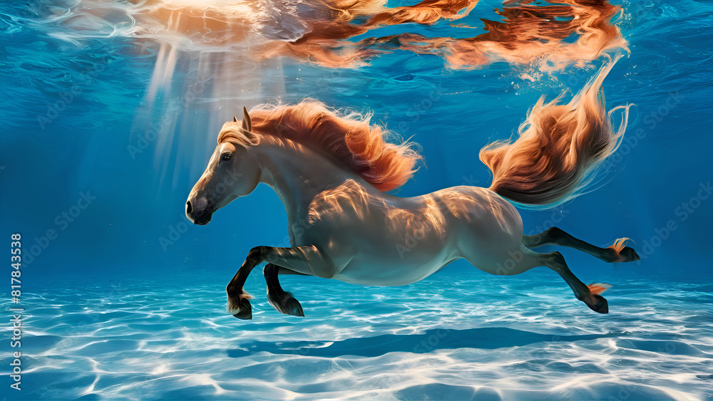 stunning art with horse diving in ocean and bathing in sun rays. Digital artwork. Ai generated