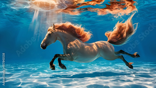 Obraz na płótnie stunning art with horse diving in ocean and bathing in sun rays. Digital artwork. Ai generated w salonie