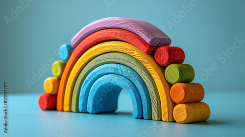 Colorful Montessori Baby Toys: Rainbow, Stacking Blocks, Organic Teethers, and Building Stones on Light Blue Background photo