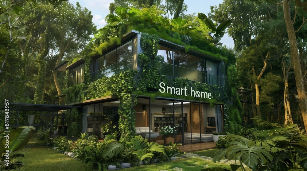 Smart home concept featuring a green, sustainable, and lush house equipped with innovative solutions for an eco-friendly lifestyle, showcasing modern technology and environmental consciousness. Smart home concept featuring a green, sustainable, and lush house equipped with innovative solutions for an eco-friendly lifestyle, showcasing modern technology and environmental consciousness.