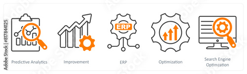 A set of 5 Industrial icons as predictive analytics, improvement, erp