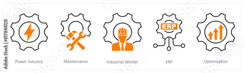 A set of 5 Industrial icons as power industry, maintenance, industrial worker