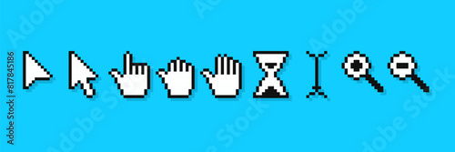 Set of pixel cursor pointers, 8-bit computer mouse. Arrows, hand click pointers, magnifier and hourglass.