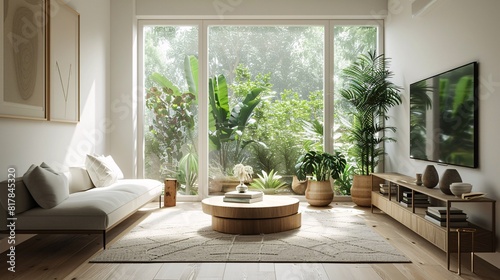 Bright Scandinavian living room with minimalist decor and large windows