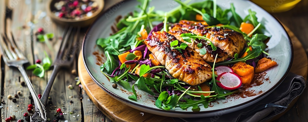 Delicious and healthy grilled chicken breast with fresh salad leaves and roasted vegetables Delicious and healthy grilled chicken breast with fresh salad leaves and roasted vegetables