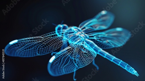 An illustration of a dragonfly made of glowing blue light. The background is dark and out of focus.