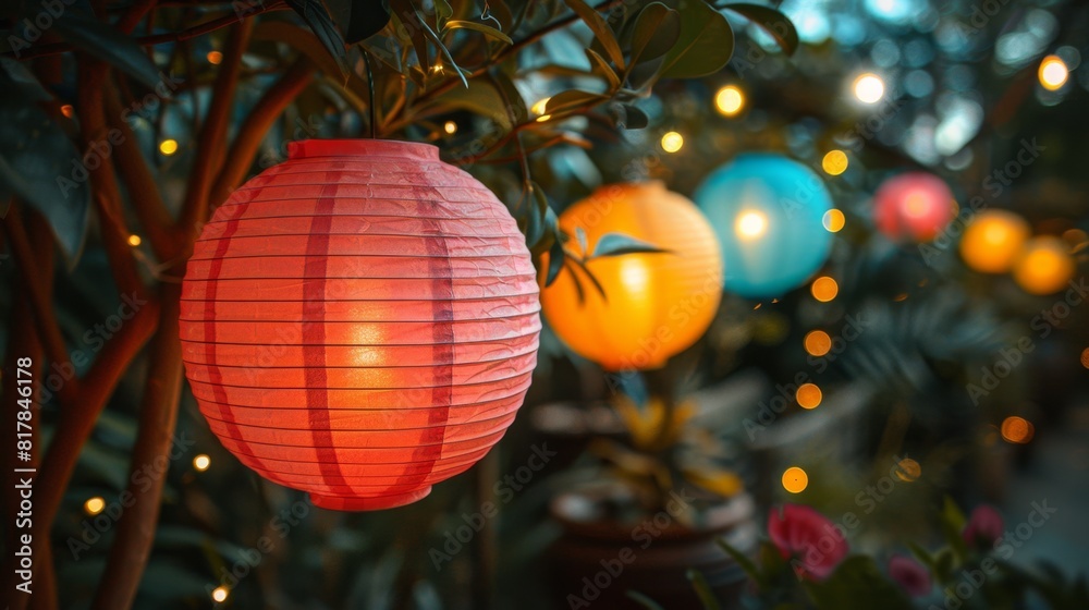 Obraz premium garden party decorations, colorful paper lanterns suspended from a tree, twinkling with fairy lights, create a magical summer evening ambiance in the garden