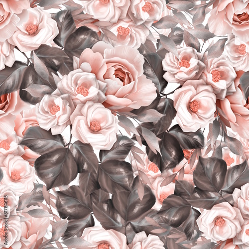 Beautiful seamless background with rose flowers. Spring seamless pattern.