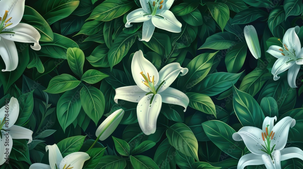 Fototapeta premium Background of green leaves and white lily flowers. Juicy bright foliage.The texture of large leaves and buds. Beauty is in nature.