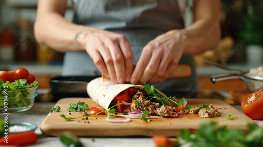 Woman preparing tasty burrito with meat on light background