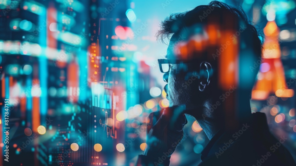 Double exposure businessman and stock market or forex graph suitable for financial investment concept. Economy trends background for business idea and all art work design. Abstract finance background. Double exposure businessman and stock market or forex graph suitable for financial investment concept. Economy trends background for business idea and all art work design. Abstract finance background.