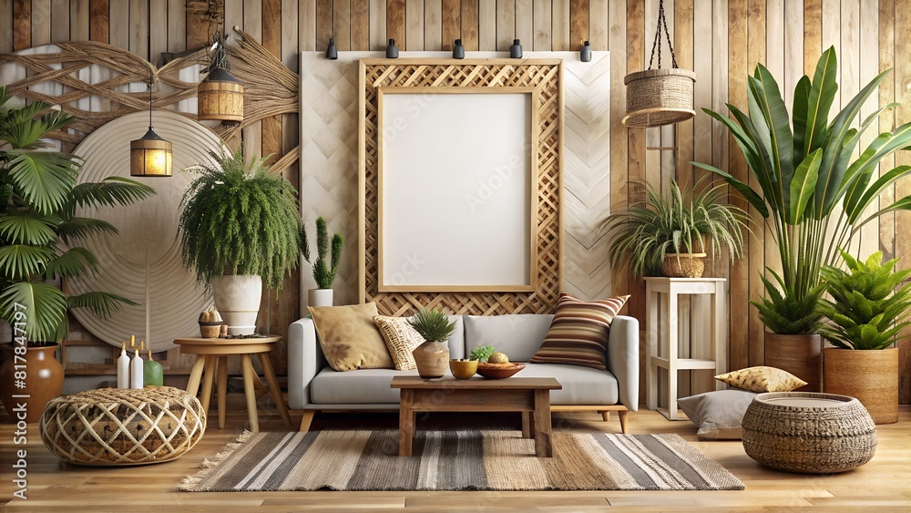 Mockup frame in nomadic boho interior background with rustic decor, 3d render Mockup frame in nomadic boho interior background with rustic decor, 3d render