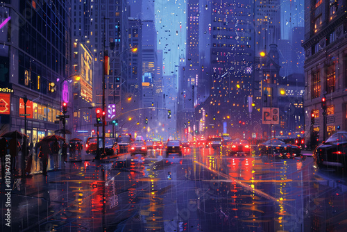Create a romantic urban scene of rain softly falling on a bustling cityscape, with shimmering reflections of city lights glistening on rain-slicked streets and sidewalks