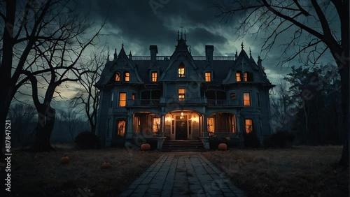 A spooky Halloween-themed manor with glowing orange windows, set against a dark and stormy sky. The eerie atmosphere and gothic architecture make it perfect for a haunted night. photo