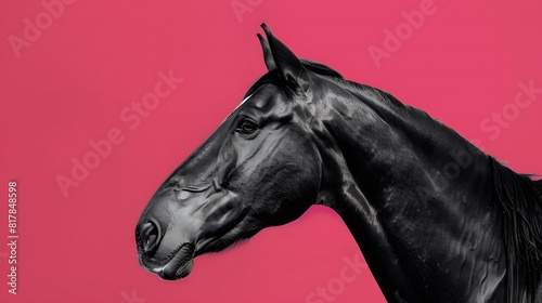 Beautiful Black and White Horse on Pink Background