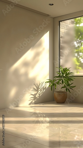 A room devoid of furniture  featuring only a potted plant by a window