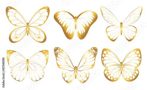 Set of gold butterflies on a white background. Objects for festive decor.