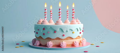 A birthday cake with four lit candles on a blue surface
