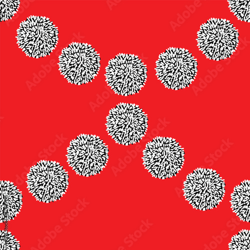Black and white pompom polka dots garland on red background, vector seamless pattern, repeating dots  or circles. 