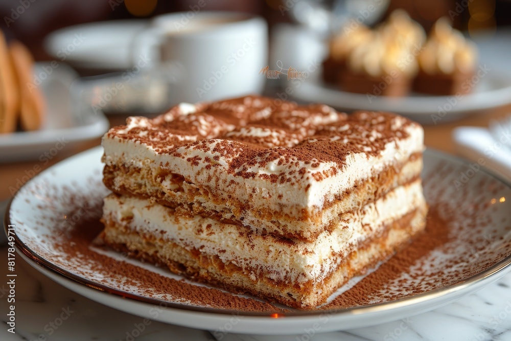 Tiramisu: A slice of tiramisu with distinct layers of coffee-soaked ladyfingers and mascarpone cream, dusted with cocoa powder. Tiramisu: A slice of tiramisu with distinct layers of coffee-soaked ladyfingers and mascarpone cream, dusted with cocoa powder.
