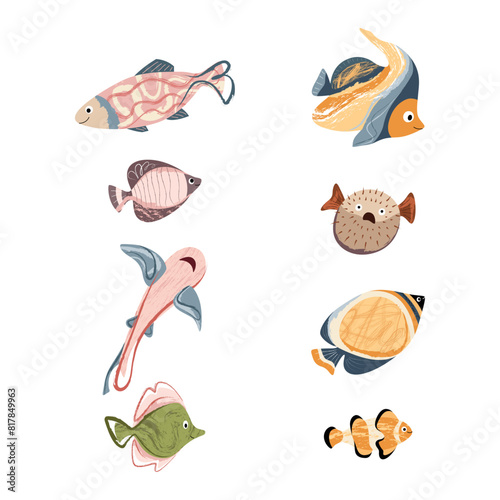 Beautiful tropical sea fish. Fish template for logo, print, notepad, poster, banner. Vector illustration in modern flat style.