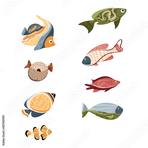 Beautiful tropical sea fish. Fish template for logo, print, notepad, poster, banner. Vector illustration in modern flat style.