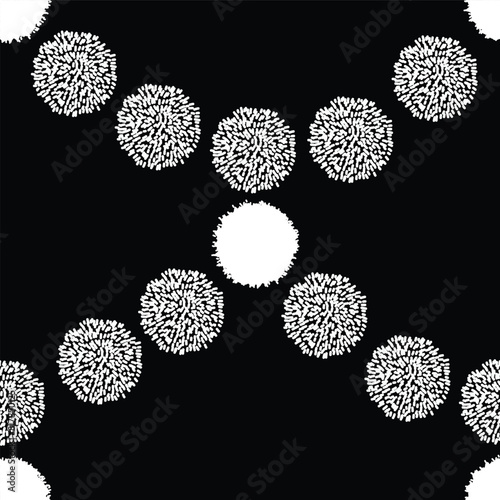Black and white pompom polka dots garland on black background, vector seamless pattern perfect for wallpaper. Art Deco style. 