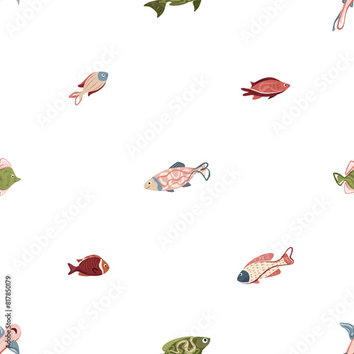 Beautiful sea fish, sea world. Seamless pattern for prints. Vector illustration in flat modern style.