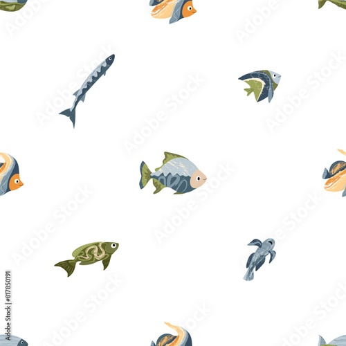 Beautiful sea fish, sea world. Seamless pattern for prints. Vector illustration in flat modern style.