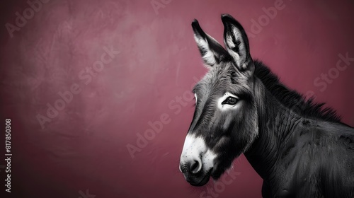 Funny Donkey Portrait in Black and White on Magenta Background  