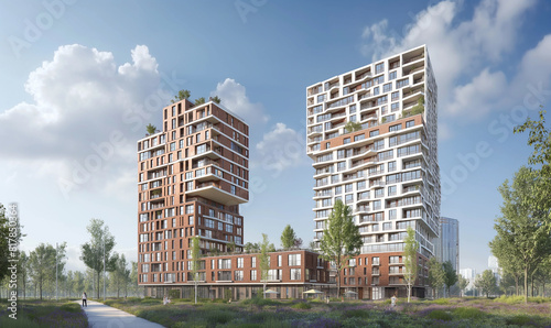 3d rendering of Modern apartment buildings in the city with brick facades and wooden accents. There is greenery on some balconies, creating an urban landscape with contemporary architecture 
