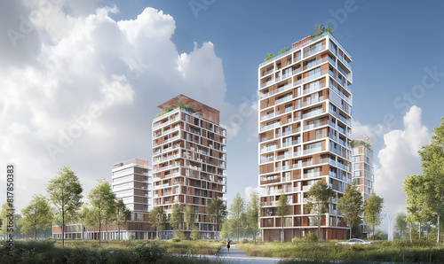 3d rendering of Modern apartment buildings in the city with brick facades and wooden accents. There is greenery on some balconies, creating an urban landscape with contemporary architecture 