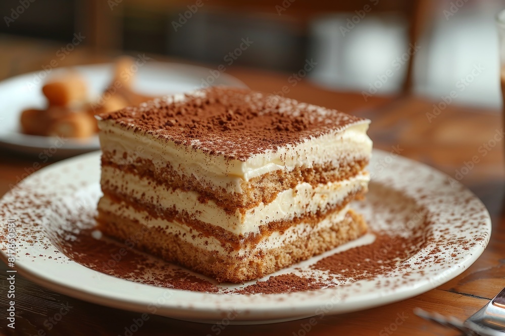 Tiramisu: A slice of tiramisu with distinct layers of coffee-soaked ladyfingers and mascarpone cream, dusted with cocoa powder. Tiramisu: A slice of tiramisu with distinct layers of coffee-soaked ladyfingers and mascarpone cream, dusted with cocoa powder.