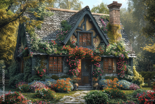 A charming English cottage with ivy-covered walls, quaint garden with colorful flowers, traditional thatched roof, and a cozy fireplace visible through an open window.