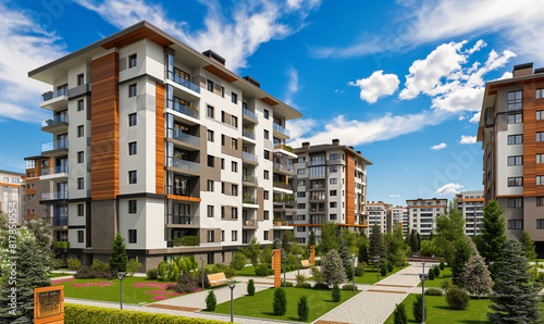 3d rendering of Modern apartment buildings with wooden cladding and brick facades, in the background blue sky with clouds