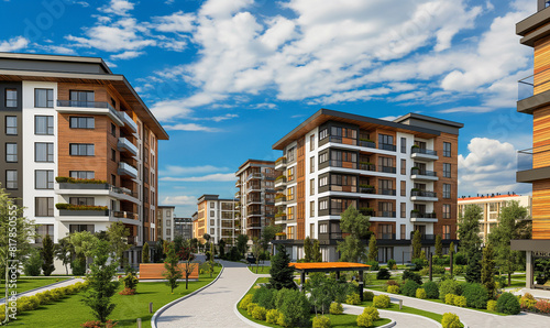 3d rendering of Modern apartment buildings with wooden cladding and brick facades, in the background blue sky with clouds