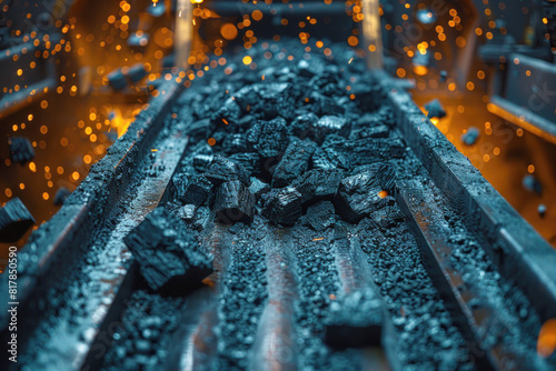 A close-up of coal pieces on a conveyor belt, destined for a power plant, detailed texture of the coal and machinery, emphasizing the traditional energy source. photo
