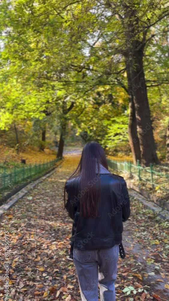 A lovely, elegant lady gracefully wanders through the picturesque autumnal scenery of the park. A lovely, elegant lady gracefully wanders through the picturesque autumnal scenery of the park.