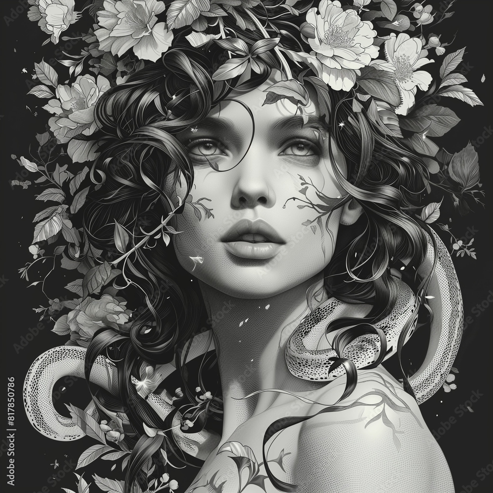 Fototapeta premium AI generated illustration of a monochrome painting of a woman wearing a floral headdress