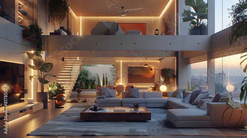 Luxurious Modern Living Room at Twilight