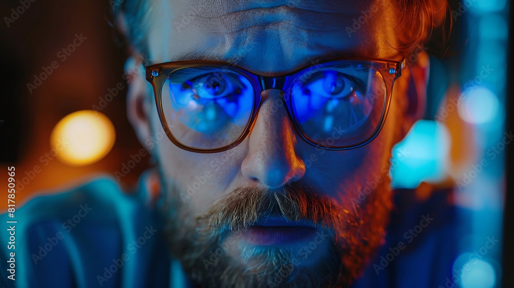 Intense Blue Light on Young Man with Glasses Intense Blue Light on Young Man with Glasses