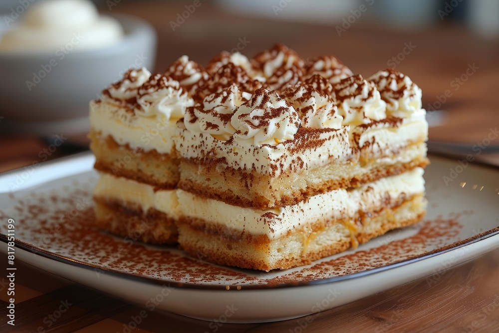 Tiramisu: A slice of tiramisu with distinct layers of coffee-soaked ladyfingers and mascarpone cream, dusted with cocoa powder. Tiramisu: A slice of tiramisu with distinct layers of coffee-soaked ladyfingers and mascarpone cream, dusted with cocoa powder.